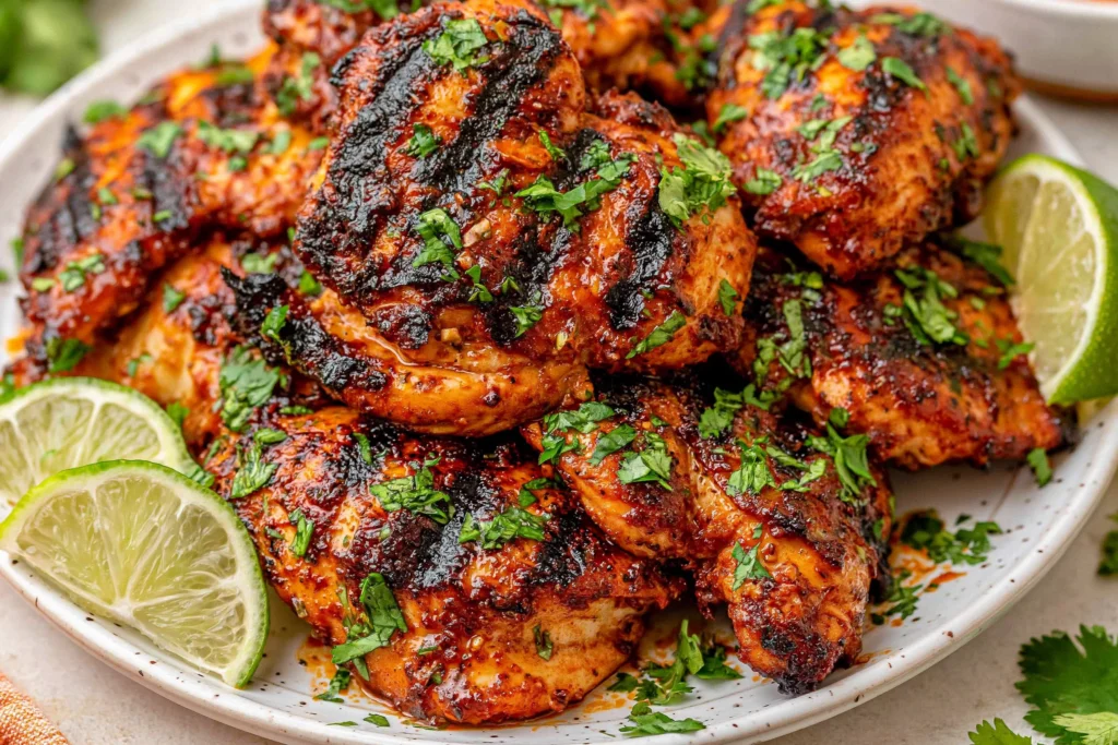 Chili Lime Grilled Chicken thighs with charred edges, chopped cilantro, and fresh lime wedges on a white serving platter.