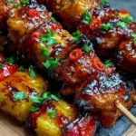 Hawaiian Teriyaki Chicken Kabobs with grilled chicken, pineapple, red peppers, fresh herbs, and a glossy teriyaki glaze.
