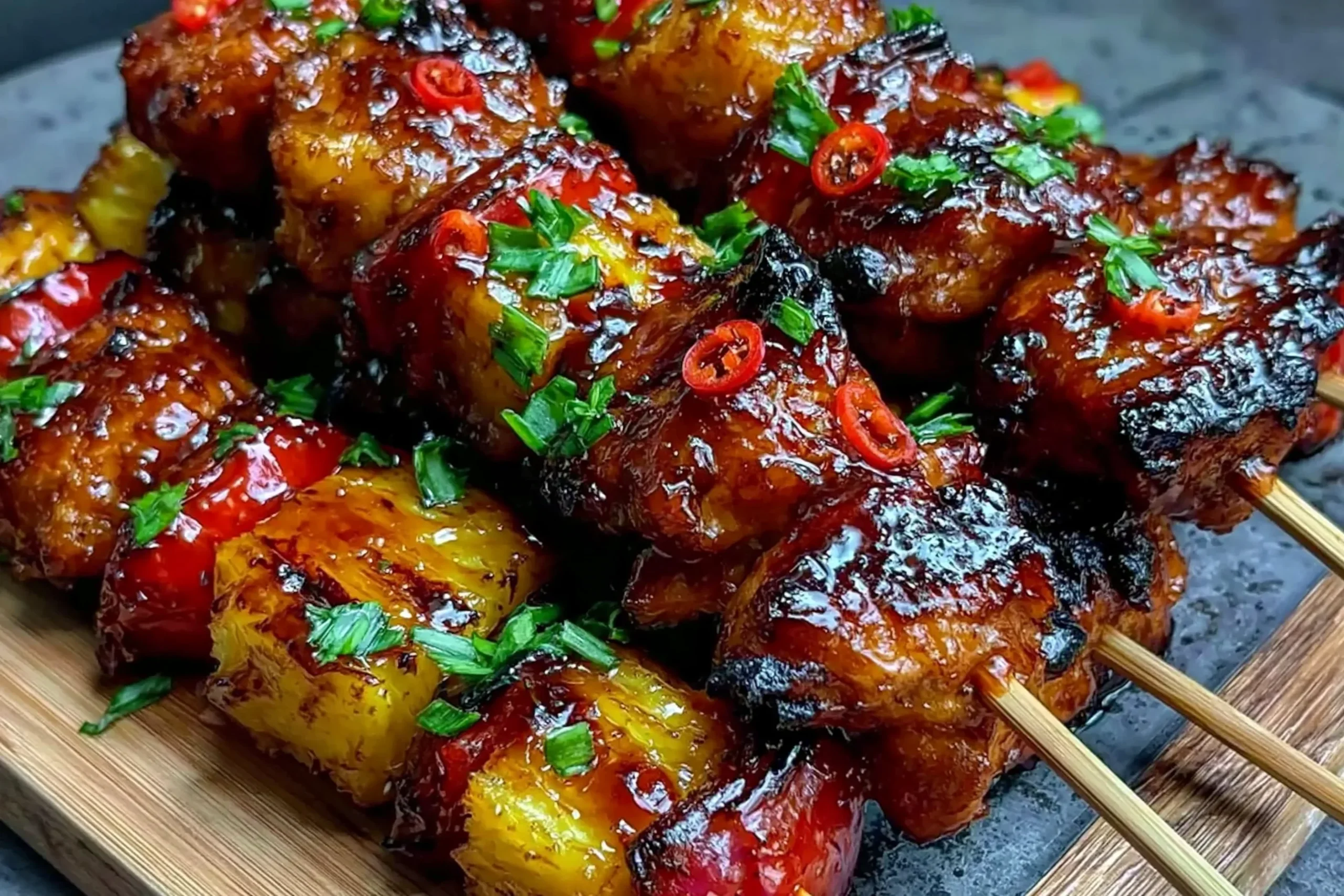 Hawaiian Teriyaki Chicken Kabobs with grilled chicken, pineapple, red peppers, fresh herbs, and a glossy teriyaki glaze.