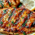 Orange Dijon Grilled Chicken with caramelized grill marks, fresh parsley, and orange slices