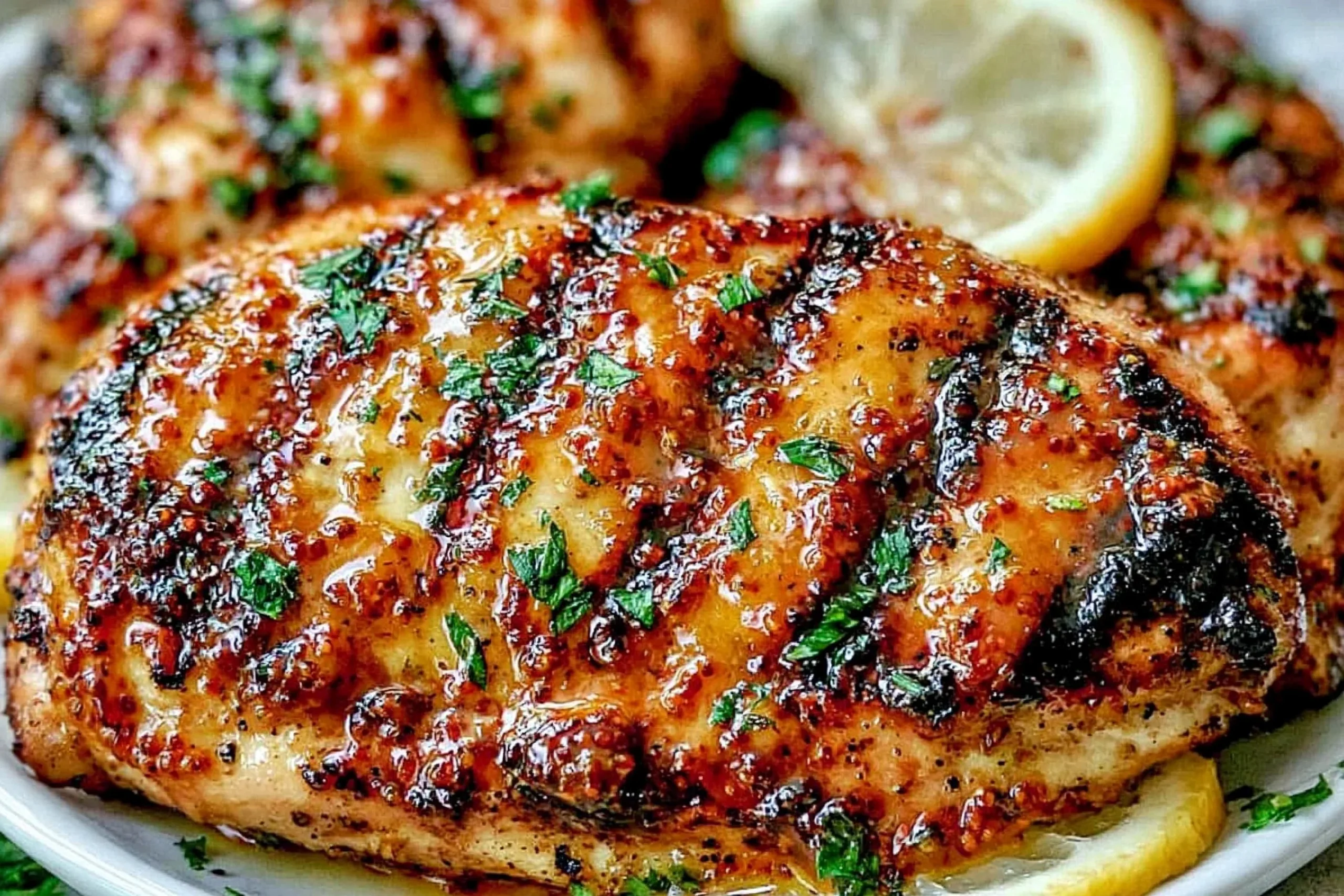 Orange Dijon Grilled Chicken with caramelized grill marks, fresh parsley, and orange slices