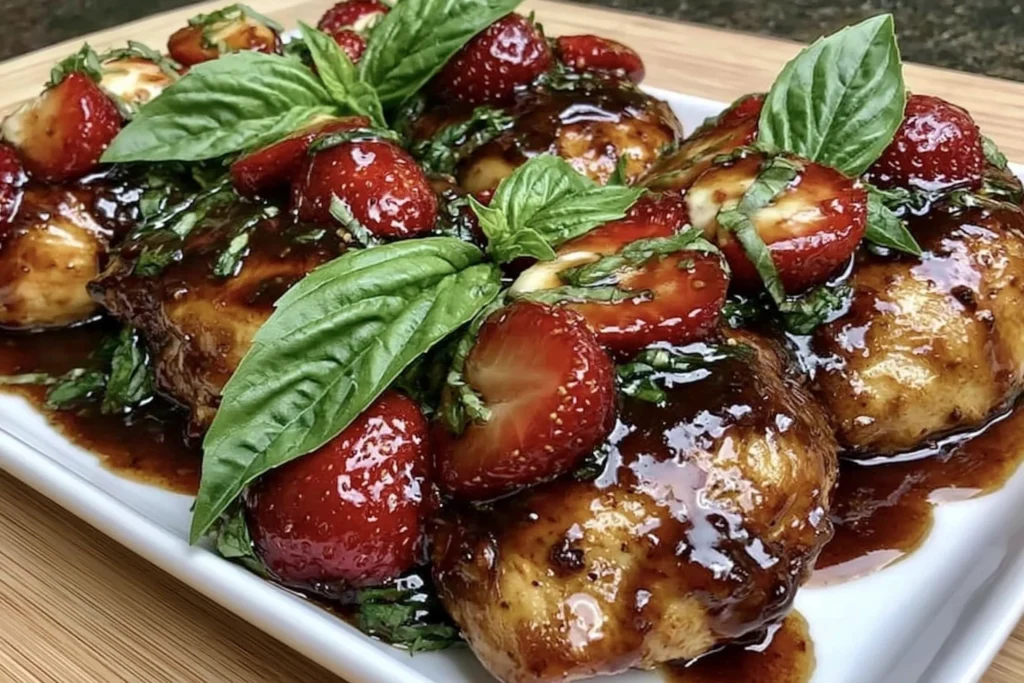Strawberry Basil Chicken with glossy balsamic glaze, roasted strawberries, and fresh basil served on a white platter.