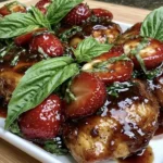 Strawberry Basil Chicken with glossy balsamic glaze, roasted strawberries, and fresh basil served on a white platter.