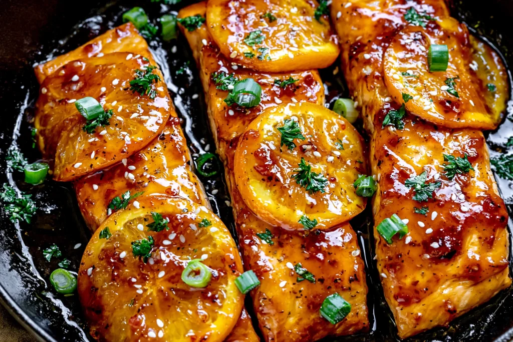 Orange Glazed Salmon fillets in a skillet with caramelized orange slices, sesame seeds, green onions, and fresh parsley.