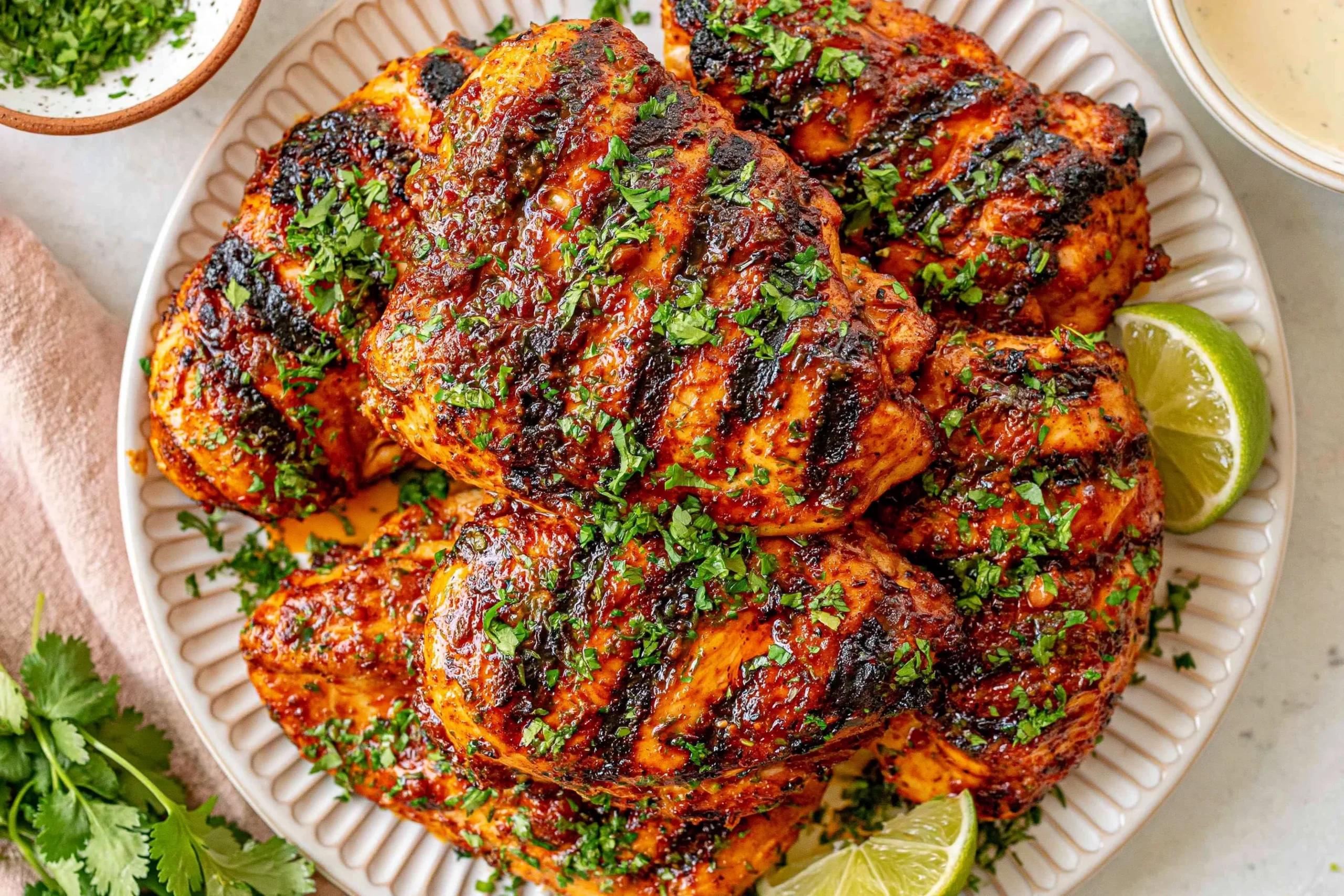 Chili Lime Grilled Chicken thighs with smoky grill marks, fresh cilantro, and lime wedges arranged on a serving platter.