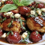 Strawberry Basil Chicken with juicy glazed chicken, roasted strawberries, fresh basil, balsamic sauce, and creamy cheese on a white platter.