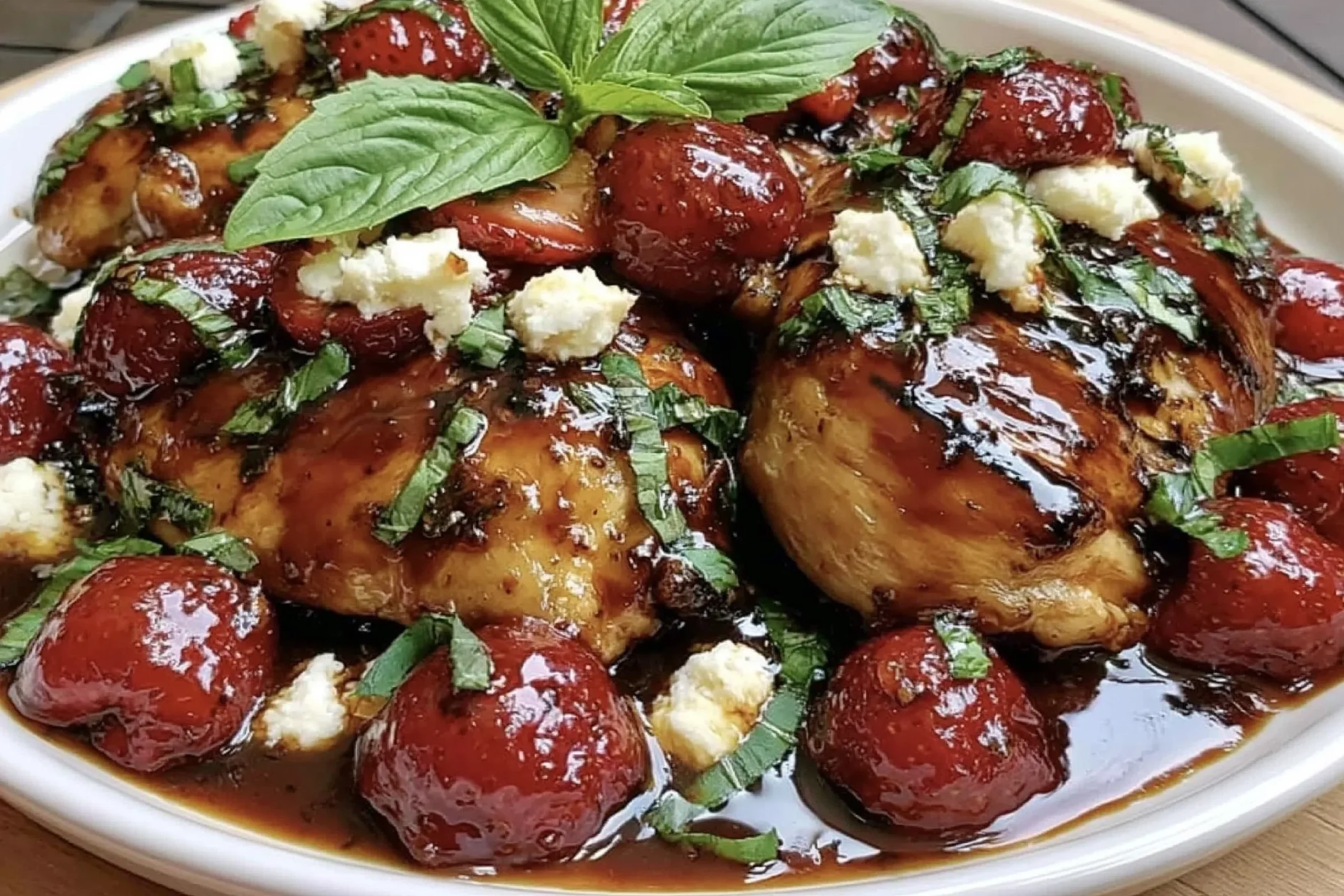 Strawberry Basil Chicken with juicy glazed chicken, roasted strawberries, fresh basil, balsamic sauce, and creamy cheese on a white platter.