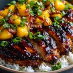 Sweet & Savory Asian Mango Glazed Chicken served over jasmine rice with fresh mango, green onions, and cilantro.