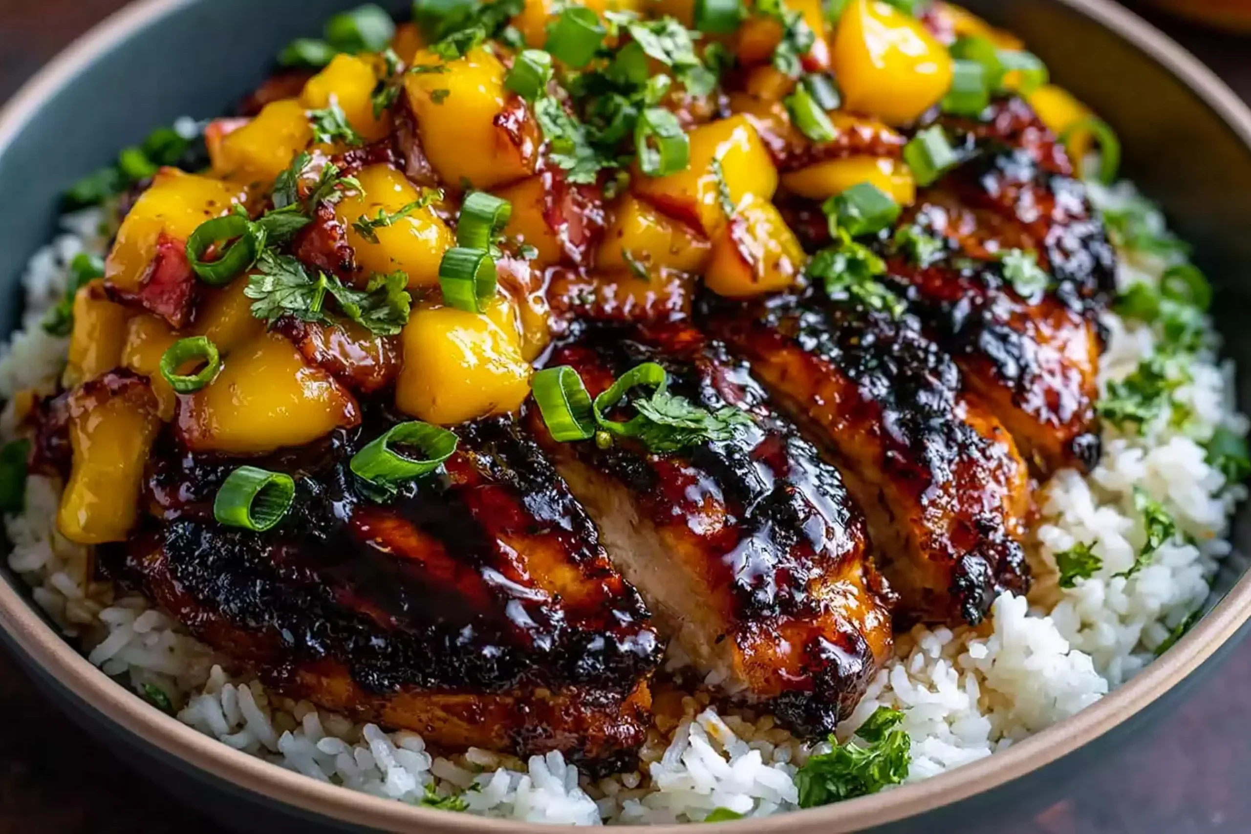 Sweet & Savory Asian Mango Glazed Chicken served over jasmine rice with fresh mango, green onions, and cilantro.