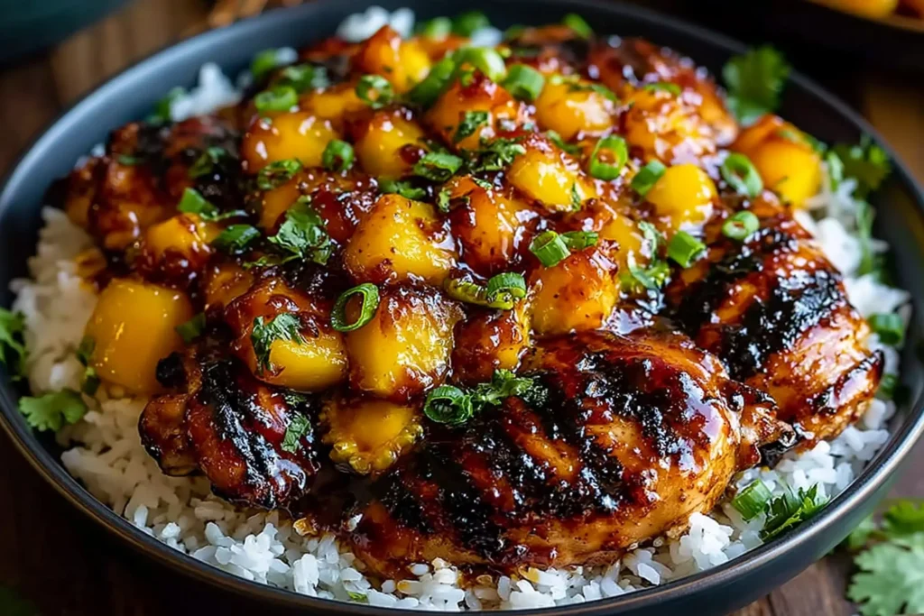 Sweet & Savory Asian Mango Glazed Chicken served over white rice with caramelized mango, green onions, and cilantro.