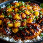 Sweet & Savory Asian Mango Glazed Chicken served over white rice with caramelized mango, green onions, and cilantro.